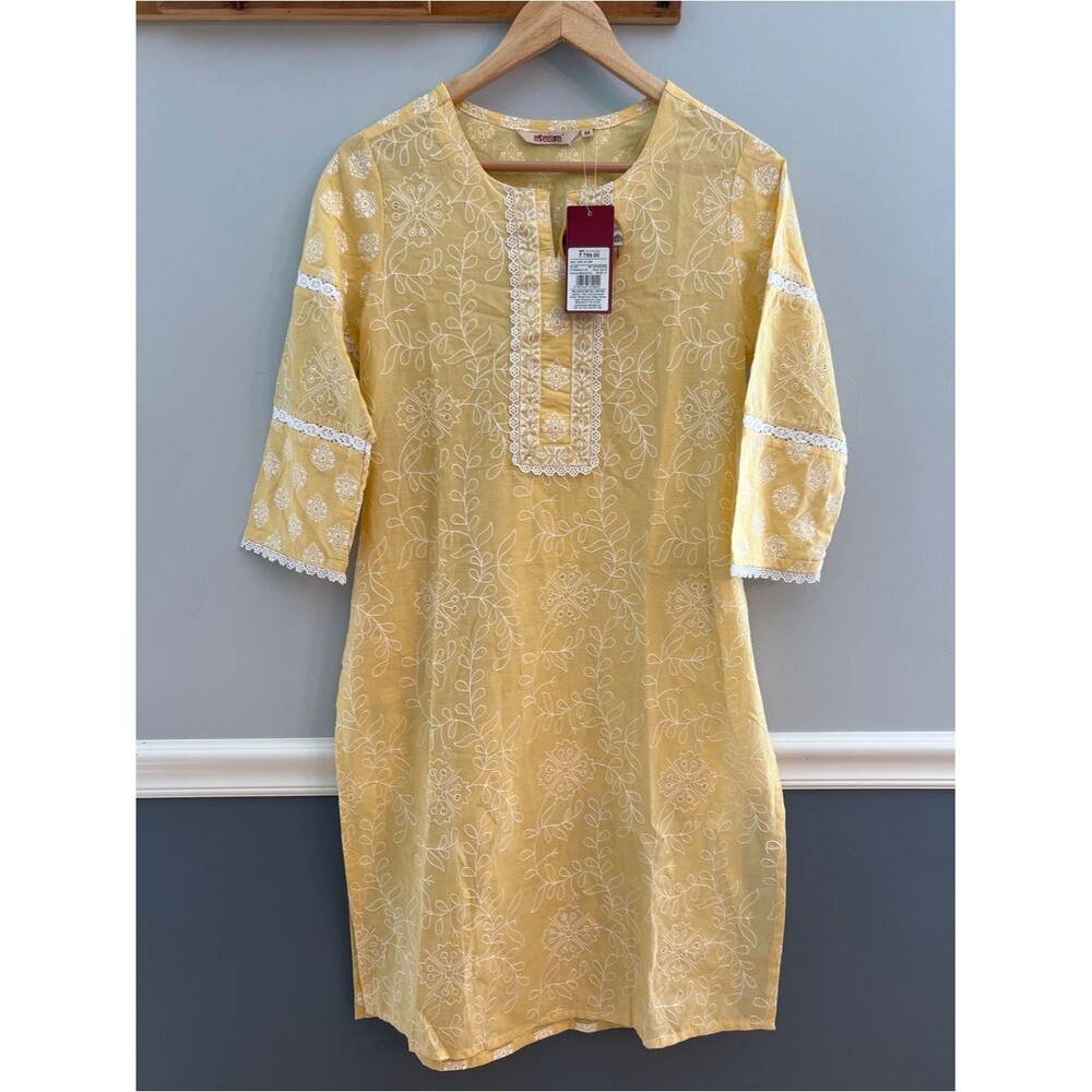 Avaasa Yellow Embroidered Kurta Ethnic Tunic Mughal Inspired Boho Pocket
